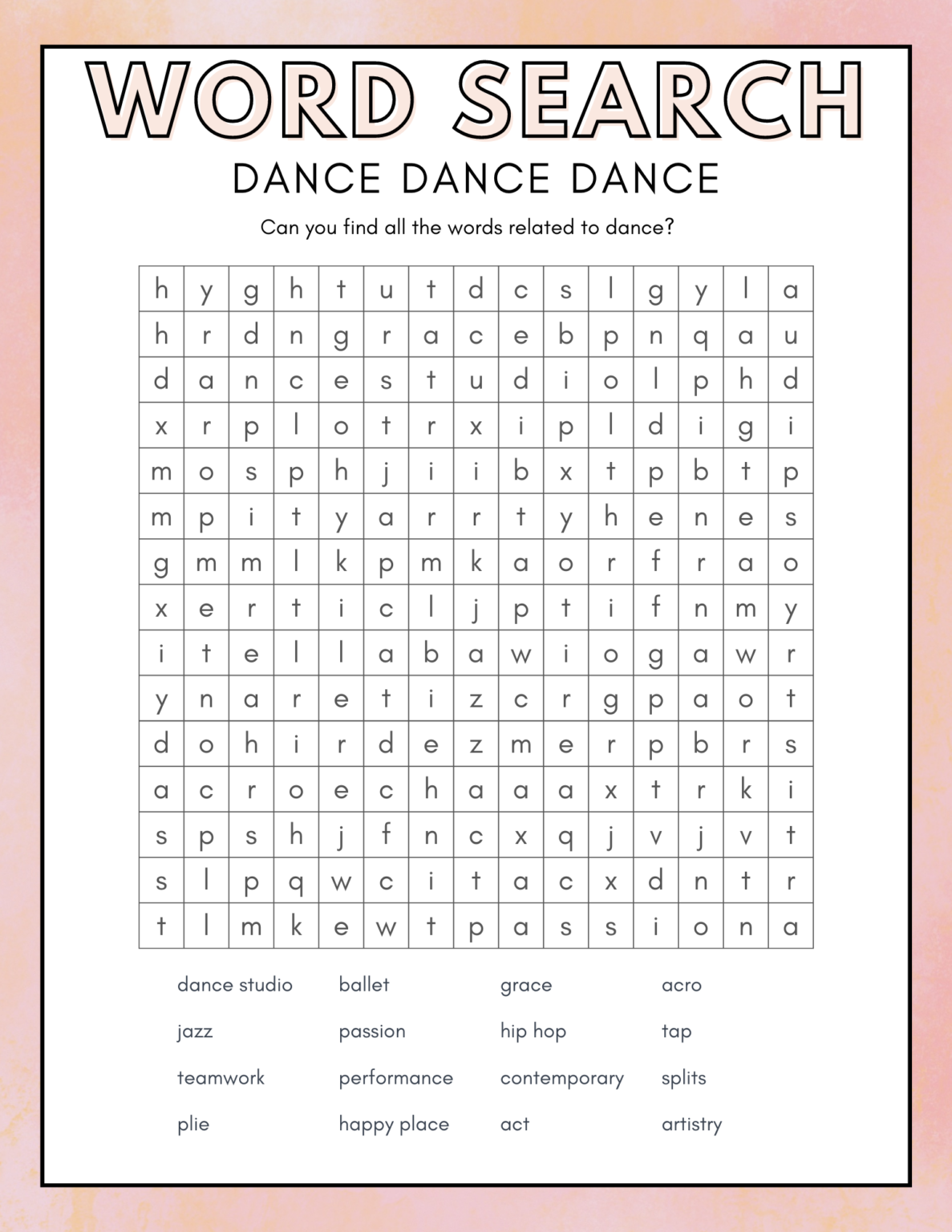 Word Search for dancers – Dance Innovation