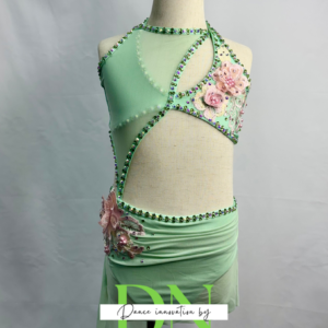 Green dance costume with pink appliques