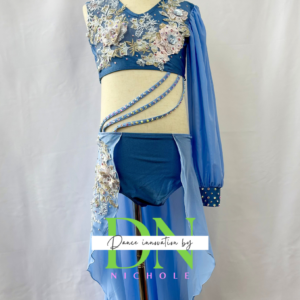 Blue 2-piece dance costume with silver appliques